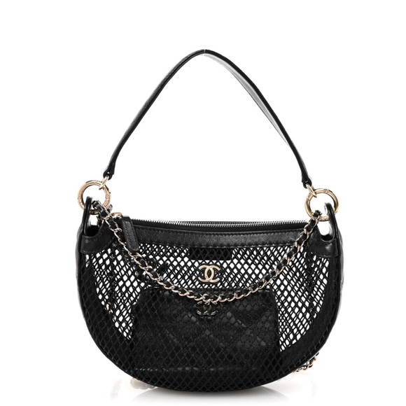 CHANEL Handbags - Chanel Black and Gold Mesh Half Moon Shoulder Bag NWT